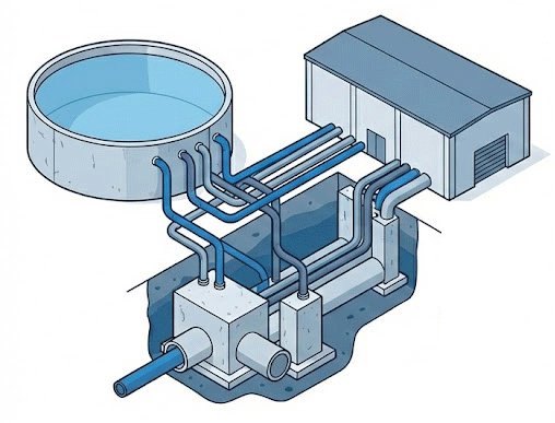 Illustration of a conventional plant: tanks piped to a central treatment building through long underground pipe runs